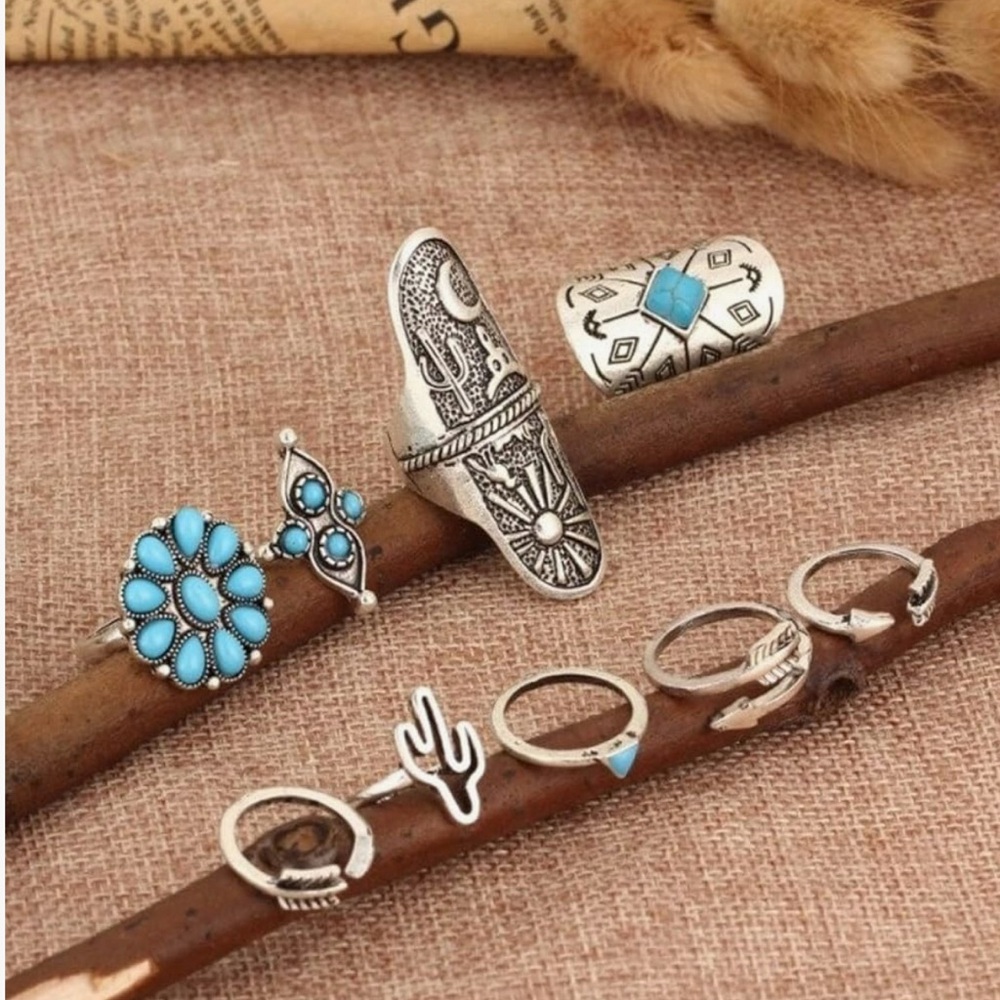 Turquoise and Silver Bohemian Ring Set - Picture 4 of 5